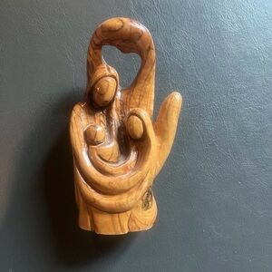 Hand Carved Olive Wood Statue: Joseph,Mary &Baby Jesus, Heart  Over Holy Family